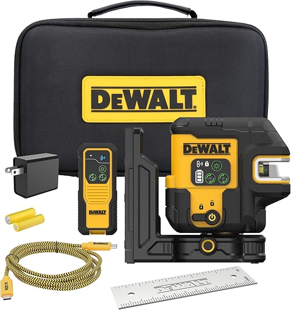 DEWALT 150 ft Green Cross Line 5 Spot USB Rechargeable Laser Level Kit with Remote Control, Self Leveling, Adjustable Brightness, Adapter USB Cable and Bracket Included,Tripod Compatible (DCLE14251G)