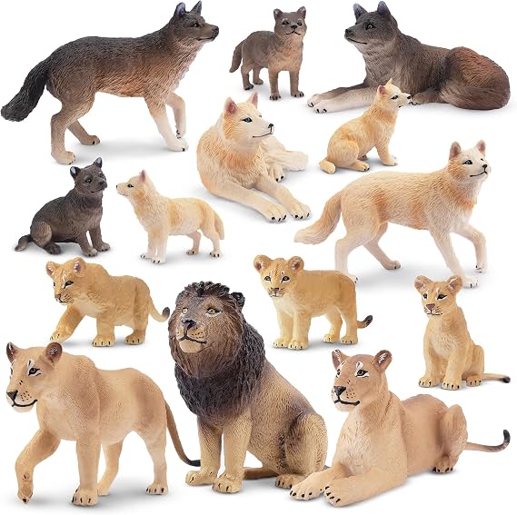 Toymany 14PCS Jungle Forest Animals Figurines Includes Wolf and Lion Family Set Cake Toppers Christmas Birthday Gift for Kids Toddlers