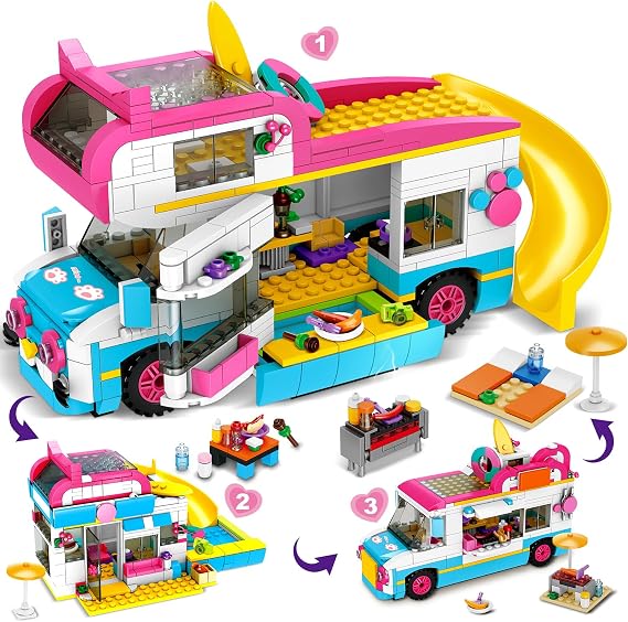HOGOKIDS 3-in-1 Girls Camper Van Building Set - 494PCS Summer Beach Camping Building Blocks Sets | Food Truck Toys with Slide and Stickers | هدايا عيد الفصح للفتيات الأولاد العمر 6 7 8 9 10 11 12+