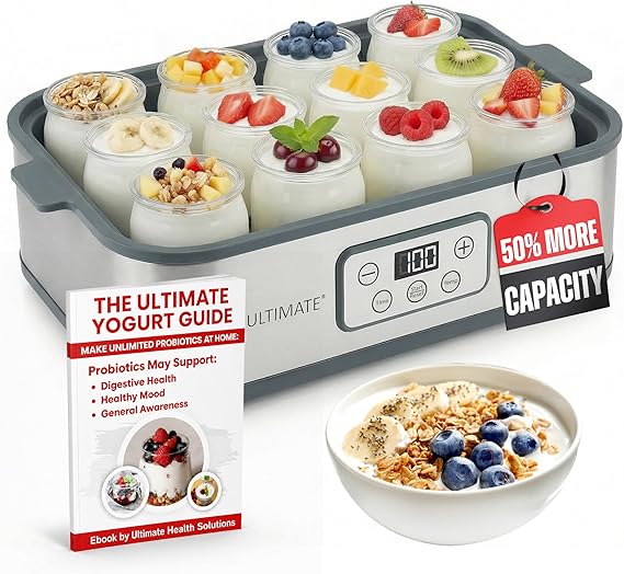 Ultimate Probiotic Yogurt Maker XL with 50% More Capacity, Adjustable Time & Temp Control, Make Trillions of Live Probiotics at Home to Support Gut Health, UN (12-Jar Model)