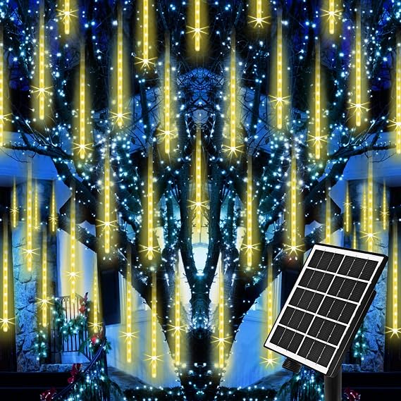 Meteor Shower Rain Lights Solar Christmas Lights Outdoor Falling Rain Drop Light Snowfall Icicle Cascading String Light 16 Tubes 16 Inch 576LED for Xmas Tree Wedding Party Holiday Patio Garden Decor