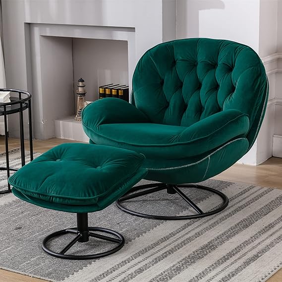 Baysitone Accent Chair with Ottoman,360 Degree Swivel Velvet Accent Chair, Lounge Armchair with Metal Base Frame for Living Room, Bedroom, Reading Room, Home Office (Green)