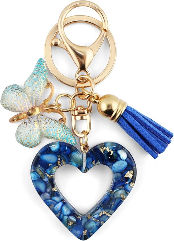 Heart Resin Keychain with Tassel and Butterfly Charm Bag Accessory for Purse Backpack for Women