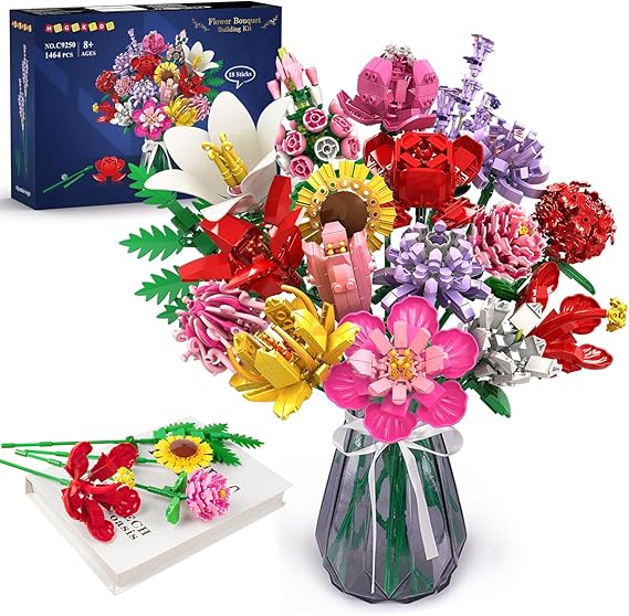 HOGOKIDS Flower Bouquet Set for Adults - Mother's Day 1461PCS Artificial Flowers Botanical Collection | 18 Sticks Decorative Home Plant Bouquet | Creative DIY Gift for Wife Girlfriend Mom Women Men