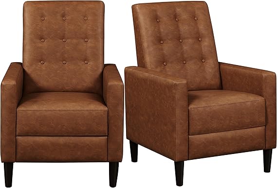 Yaheetech Faux Leather Recliner أريكة منتصف القرن الحديث كرسي استلقاء واحد قابل للتعديل الظهر ومسند القدم أريكة منجد مع جيب الربيع غرفة المعيشة غرفة نوم المسرح المنزلي 2 قطعة براون   