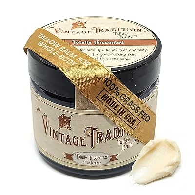 Vintage Tradition The Original Beef Tallow Balm for Skin, Unscented All Purpose Tallow Face Moisturizer with Olive Oil, 100% Grass Fed, Non-Whipped Beef Tallow for Face Body Hands and Lips, 2 fl oz
