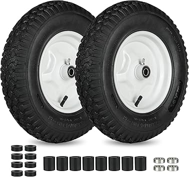 LotFancy 4.80/4.00-8 Tire and Wheel, 2 Pack 16 Inch Pneumatic Wheelbarrow Replacement Wheels, 5/8" Bearings, Adjustable 3" to 7" Centered Hub, for Wheelbarrows, Garden Carts, Yard Wagons