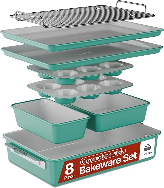 Bakken 8-Piece Ceramic Coated Bakeware Sets, Nonstick Aluminized Steel Pans with Muffin, Loaf, Cake, Roasting Pan, Cooling Rack, Oven Safe Up To 500F, Dishwasher Safe, BPA, PTFE & PFAS Free, Teal