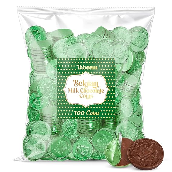 Belgian Chocolate Coins Candy Bulk 100 Pack - St Patrick's Day Green Foil Wrapped Milk Chocolate Coins Candy For Party Favors, Gift Bags & Treats