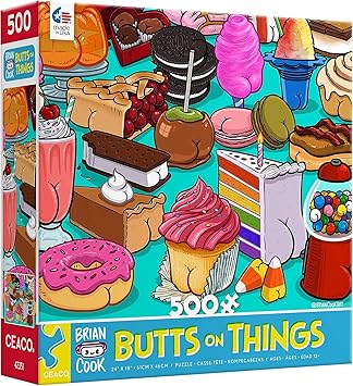 Ceaco - Brian Cook - Butts on Things - Sweet Cheeks - 500 Piece Jigsaw Puzzle - Colorful Puzzle for Adults Precision-Cut Pieces, Beautiful Artwork, and Hours of Relaxing Fun