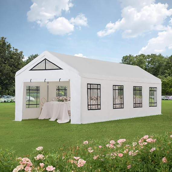 سنجوي 12 × 30 قدم. خيمة حفل زفاف، شرفة المراقبة الثقيلة في الهواء الطلق، إطار فولاذي PVC مظلة مرآب مع 8 نوافذ PE قابلة للإزالة الجانبية و 2 جدران جانبية قابلة للطي، أبيض