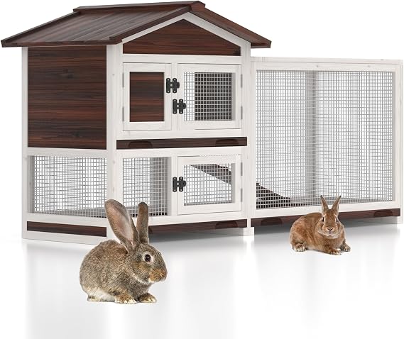 GOJOOASIS Rabbit Hutch قفص الأرنب الداخلي في الهواء الطلق مقاوم للطقس Bunny House Wooden 60 "Large Guine Pig Cages Chicken Coop w / 3 Pull Out Trays & 4 Access Doors (60" A)