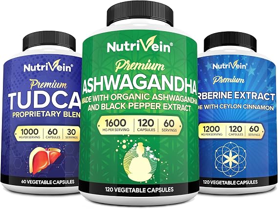 Nutrivein Premium TUDCA، ومكملات البربرين، وحزمة مكملات الأشواغاندا: مجمع البربرين عالي الامتصاص، ومستخلص جذر الأشواغاندا، وTUDCA للتخلص من السموم والحيوية والرفاهية