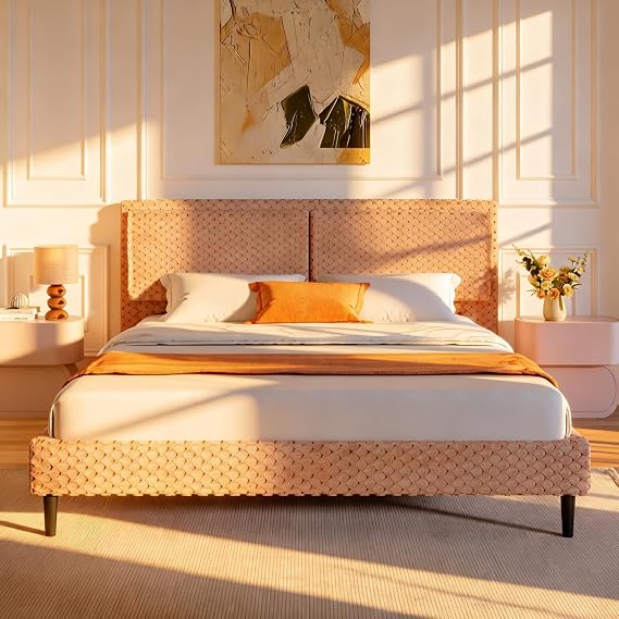 Simple Modern Camel Plush Bed - King Size, Soft Fluffy Bedroom Bed with Backrest for Bedroom Decor & Relaxation (Camel, Queen)