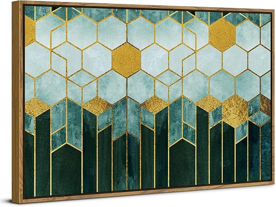 Abstract Green Geometric Framed Canvas Wall Art for Living Room Decor, Gold and Aqua Geometry Shapes Wall Decor Painting for Bedroom Office Home Decoration 24 x 36", Large Modern Print Picture Artwork
