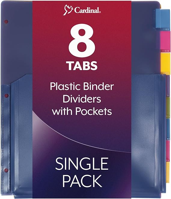 Cardinal Expanding Poly Pocket Dividers - 8 Tab Dividers w/Pockets for 3 Ring Binder - Multi Colors for Filing & Organizing Documents - Perfect for Home, Office, School Use - 8 Dividers (Pack of 1)