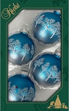 Glass Christmas Tree Ornaments - 67mm/2.63" [4 Pieces] Decorated Balls from Christmas by Krebs Seamless Hanging Holiday Decor (Turquoise Bliss Blue with Trees & Cardinals)