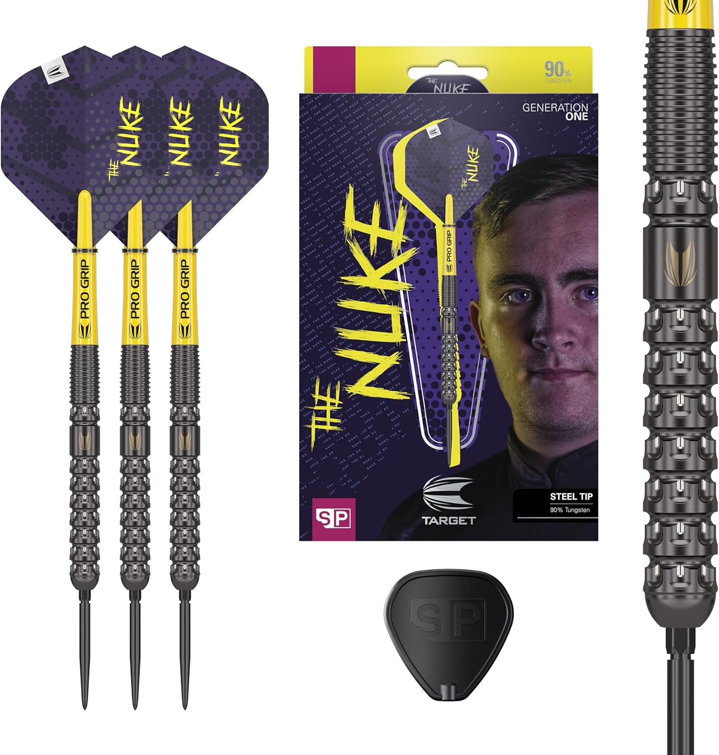 Target Darts Luke Littler G1 Steel Tip Swiss Point Darts, 90% Tungsten Dart, 22G23G24G | Generation 1 Steel Tip Dart, Player Edition Swiss Points Dart Sets with Tool, Pro Grip Shafts &amp; No.2 Flights