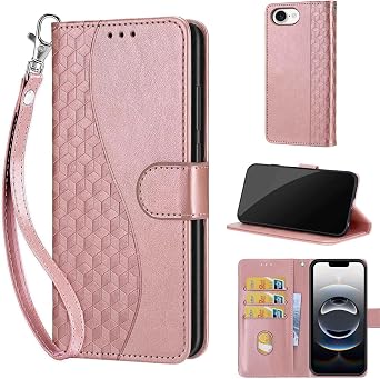 Designed for iPhone 17e / iPhone 16e Case Wallet,Women Flip Folio Cover with Embossed PU Leather Stand Credit Card Holders Slots Wrist Strap Phone Case 17 E/16 E 6.1 Inch (Rose Gold)