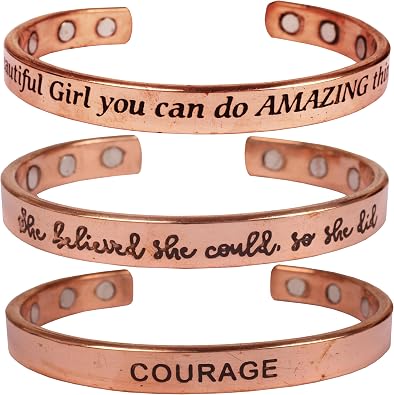 Touchstone Copper Magnetic Bracelets Inspirational Messages Engraved Courage Beautiful Girl Can Do Amazing Things She Believed She Could Do So She Did. Set of 3 in Natural Tone.