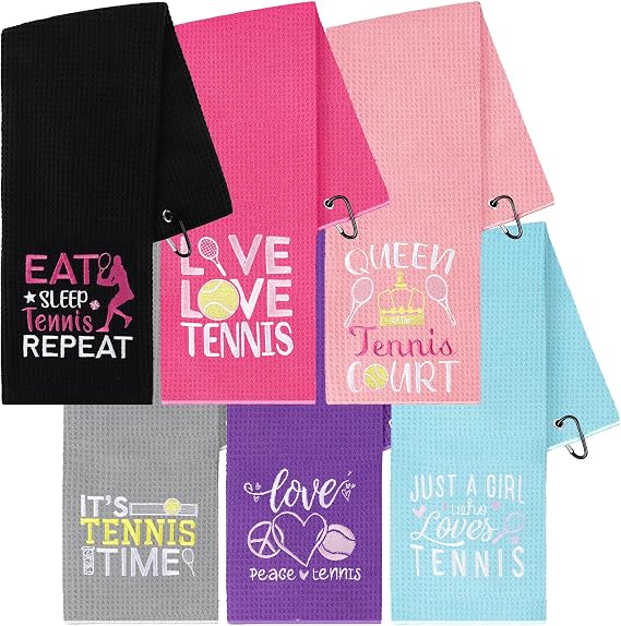 6 Pcs Tennis Towels 24x16 Soft Microfiber Absorbent Sweat Tennis Hand Towels with Carabiner Clip Embroidered Prints Sports Gym Towel Accessory Gifts for Men Women Team Sport Players Hiking