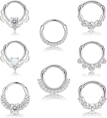 LOYALLOOK 8PCS 16G Septum Clicker Ring الفولاذ المقاوم للصدأ CZ Opal Cartilage Helix Tragus Hoop Daith أقراط Nose Rings Hoop Hinged Segment Clicker Ring Piercing Jewelry