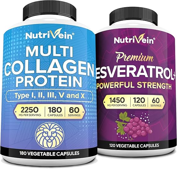 مجموعة كبسولات Nutrivein Premium Multi Collagen Supplement & Resveratrol: كبسولات Trans Resveratrol Supplement & Multi Collagen Peptides عالية الامتصاص للتنقل والإصلاح والرفاهية