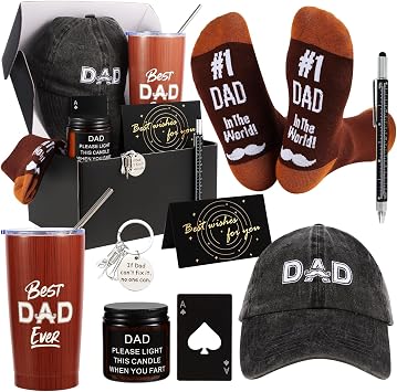 Kolewo4ever 9-Piece Dad Gift Set: Brown Stainless Steel Tumbler, Socks, Cap, Keychain, Candle, Pen, Card, Opener; Modern Dad-Themed Gifts for Father, Husband, Grandfather
