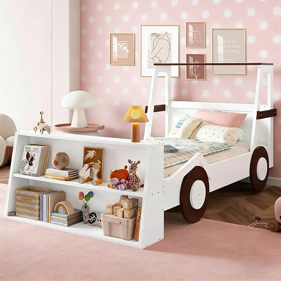 Bellemave Twin Size Kids Platform Bed with Storage Shelves, Twin Car Bed with Weels and Windows for Kids Boys Girls (Brown+White)
