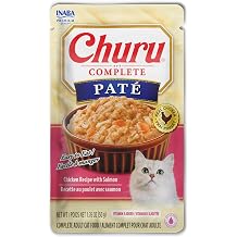 INABA Churu Complete Pate for Cats, Grain-Free, High Protein & Moisture, Wet Cat Food with Fish Oil, 1.76oz. Pouch, 12 Pouches, Chicken with Salmon Recipe