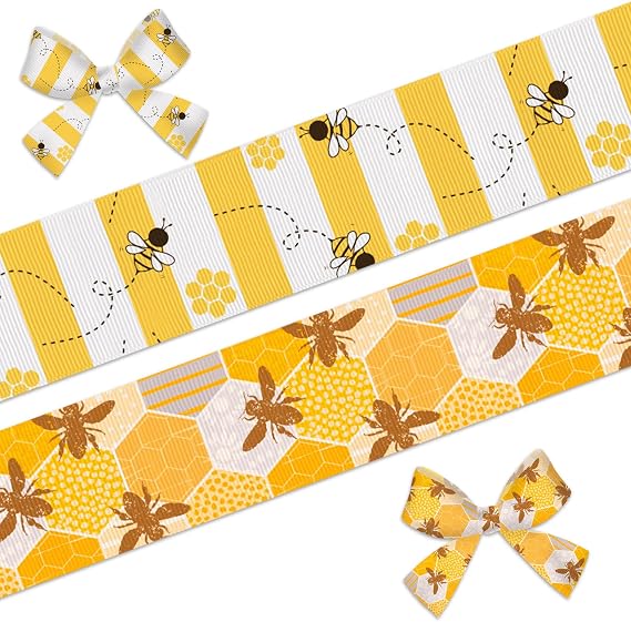 2 Rolls 10 Yards Bee Ribbon for Gift Wrapping Crafts Wreath Bows 4/5'' Honeycomb Bumblebee Decor Ribbons Yellow Honey Grosgrain Ribbon for Home Party Holiday Decoration