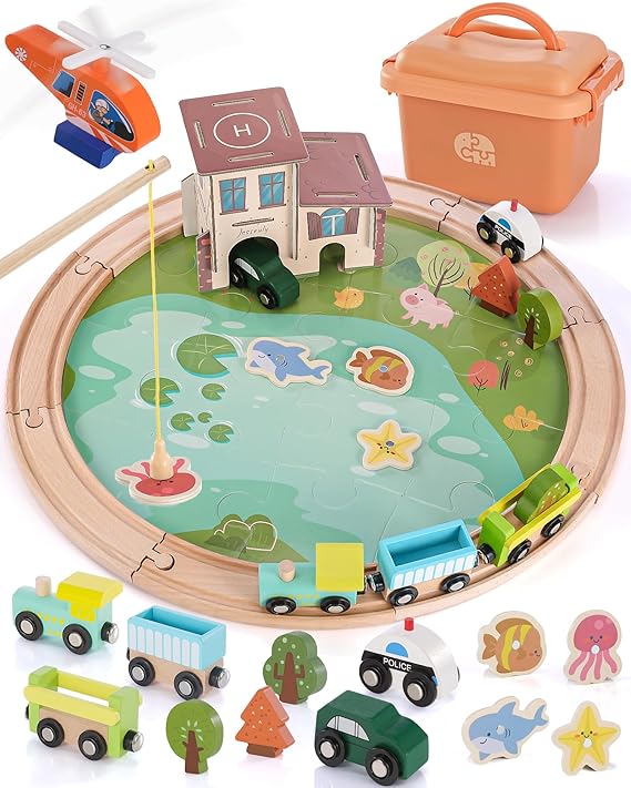 مجموعة مسارات القطار الخشبية - مسارات قطار ألعاب مكونة من 48 قطعة متوافقة مع Thomas وBrio وMelissa & Doug - تتضمن صيد الأسماك والألغاز للأطفال الصغار 3-8 - تعليمية لوقت لعب ممتع