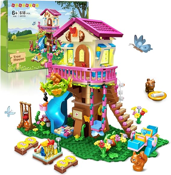 HOGOKIDS شجرة البيت بناء مجموعة مع الصمام الخفيفة - 622 قطع Treehouse بناء كتل اللعب، الغابات حتى البيت اللعب مع الشريحة، هدايا عيد الفصح عيد ميلاد للأطفال الفتيات الأولاد سن 8 9 10 11 12 +