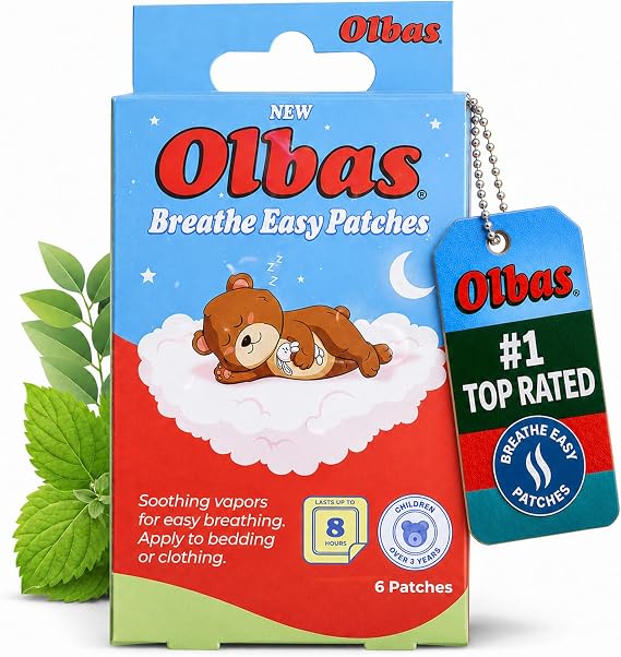 لاصقات Olbas Breathe Easy، راحة طبيعية للجيوب الأنفية والأنف للأطفال فوق سن 3 سنوات، لاصقات بخار مهدئة طويلة الأمد خالية من النعاس (عبوة واحدة من 6 لاصقات)