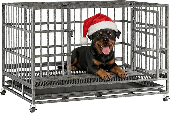 48 Heavy Duty Indestructible Dog Crate, Upgraded Reinforced Baseplate for Large Dogs, Dog Crate Furniture, Modern Kennel for Dogs Indoor, Max Load Capacity 250lbsDouble Door with Wheels