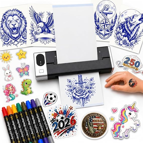 Tattoo Stencil Printer & Temporary Tattoo Maker, 4" Bluetooth Thermal Tattoo Printer, 30 Sticker Sheets & 10 Transfer Paper, Compatible with Phone/Tablet/PC, Tattoo Machine for Artists & Beginners