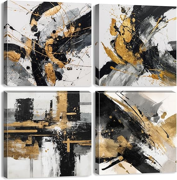 Abstract Black and Gold Wall Art for Bathroom Marble Pictures for Walls Modern Black White and Gold Texture Canvas Prints Painting Neutral Posters Artwork Living Room Home Decorations 12x12 4Pcs