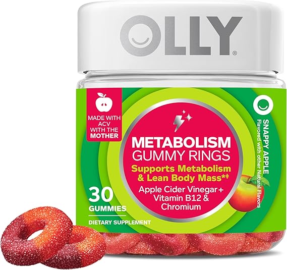 خواتم غوميتية الأيض OLLY ، خل التفاح ، فيتامين B12 ، الكروم ، الطاقة وصحة الجهاز الهضمي ، مكمل للمضغ ، نكهة التفاح - 30 كونت