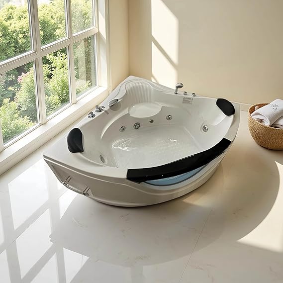 59 Corner Whirlpool Bathtub for 2-Person, Luxury Jetted Spa Tub with 6 Hydro Massage Jets, Chromatherapy LED Lights &Pneumatic Adjust System, UL Certified, cUPC Certified