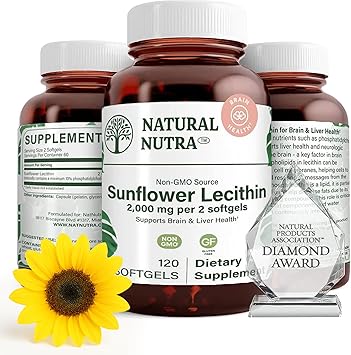 مكمل غذائي طبيعي من Nutra Sunflower Lecithin 2000 mg، يدعم الأمهات المرضعات من خلال تخفيف انسداد قناة الحليب، معزز لصحة الكبد والدماغ، خالٍ من الصويا، غير معدّل وراثيًا، خالٍ من الجلوتين، 120 كبسولة هلامية