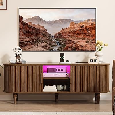 TV Console with Power Outlet-55" Entertainment Center with Sliding Tambour Door, Modern TV Stands for Living Room Bedroom, LED Media Stand with Storage Cabinet and Adjustable Shelves, Black