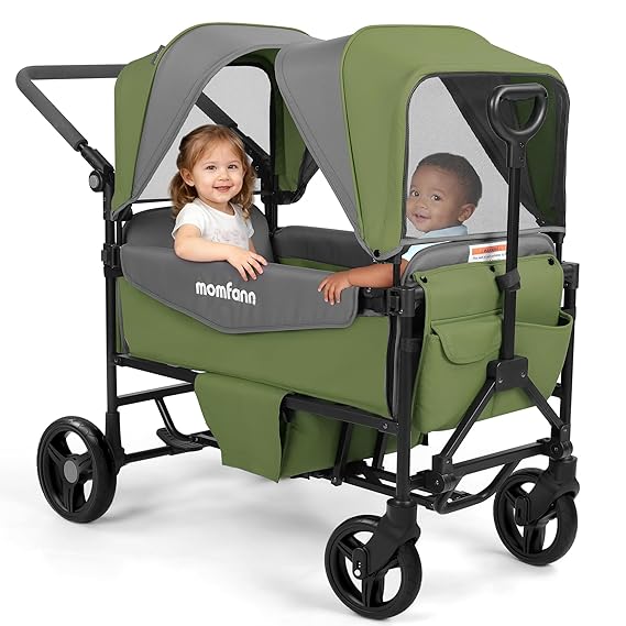 MOMFANN Stroller Wagon for 2 Kids,Foldable Wagon Stroller with Canopy,All-Terrain Parent Organizer, Adjustable Handle & Pull Bar for Infants and Toddlers, Meadow Green
