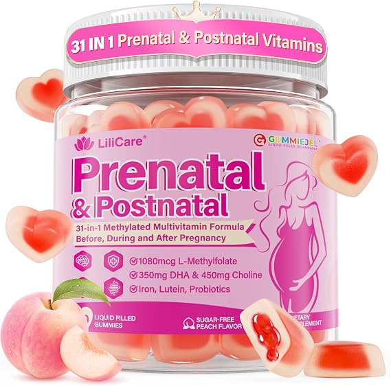 LILICARE Prenatal Vitamins for Women, Prenatal Gummies with 1080mcg Methylfolate, Vegan Omega-3(DHA+EPA), Iron, 450mg Choline, D3, K2, B12, Supports Before During & After Pregnancy, Sugar-Free 60Cts