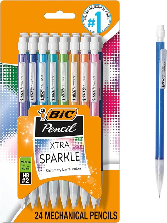 أقلام رصاص ميكانيكية BIC Xtra-Sparkle رقم 2 مع ممحاة، نقطة متوسطة (0.7 مم)، عبوة مكونة من 24 قطعة، أقلام رصاص ميكانيكية للوازم المدرسية