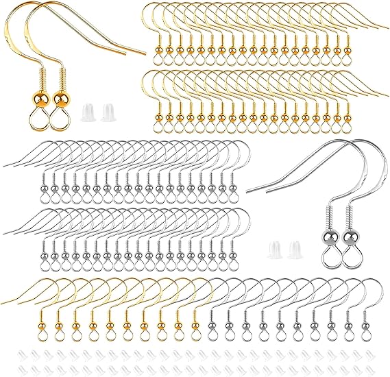 200 Piece Earring Hook Set 925 Earrings Make Your Own Set Ear Hooks with 100 Silicone Earring Stoppers Earrings Crafts - for DIY Earrings Jewellery Making (Silver/Gold)