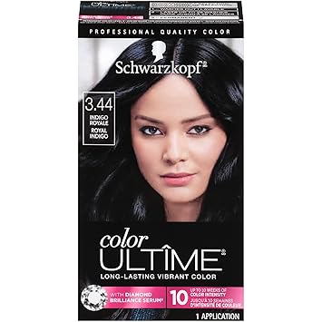 صبغة شعر Schwarzkopf Color Ultime 3.44 Indigo Royale، أسود كثيف دائم مع لمعان ماسي، مقاوم للتلاشي، يغطي اللون الرمادي، جميع أنواع الشعر