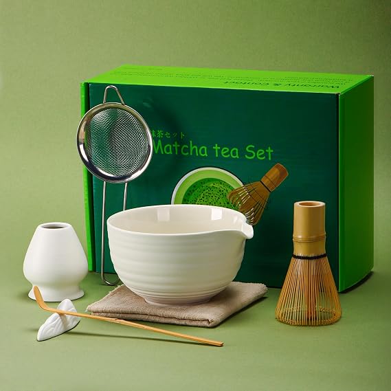 Matcha Tea Set 7 Pcs,Japanese Ceramic Bowl,Bamboo Matcha Whisk (Chasen), Scoop (Chashaku),Stainless Steel Sifter,Whisk Holder (white),Tea Towel