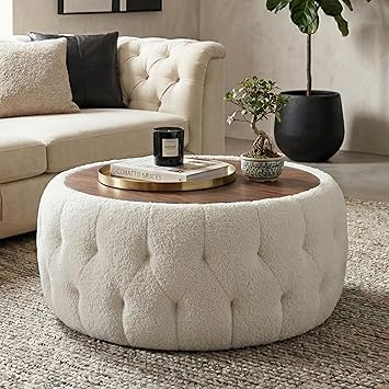 Large Round Storage Ottoman Coffee Table with Wooden Tabletop, 30.5 Inches Teddy Fleece Tufted Ottoman for Living Room, Bedroom, Apartments White