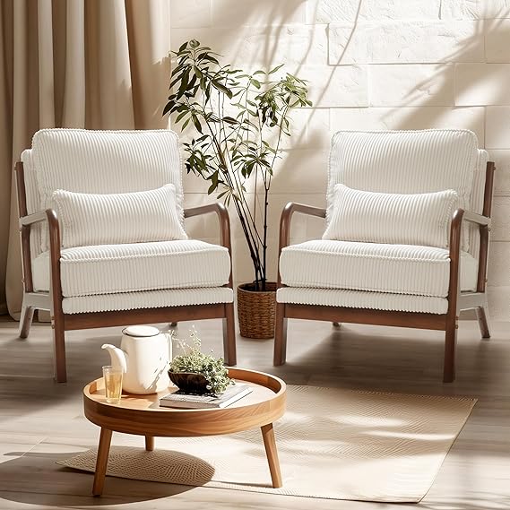 LEXISPOT AC1 Accent Chairs Set of 2, Upholstered Mid Century Modern Corduroy Armchairs with Solid Wood Frame, Comfy Lounge Reading Chairs Farmhouse Armchairs for Living Room, Bedroom, Balcony (Cream)