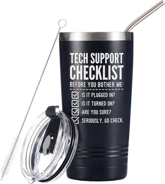 Onebttl Funny Tech Gifts for Men - Tech Support Checklist Tumbler - IT Guy Programmer Geek Coworker Travel Coffee Mug 20oz with Straw